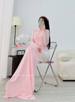 ARIANA Pink Ao dai with designed crystals and 3D flowers