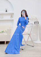 ENSLEY Plain Blue ao dai with simple pearls designed