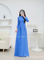 ENSLEY Plain Blue ao dai with simple pearls designed