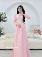 SARAH Pastel pink ao dai set with pearls | áo dài gấm