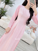 SARAH Pastel pink ao dai set with pearls | áo dài gấm