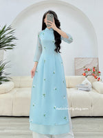 LEAH Baby blue double layers modern ao dai with embroidery flowers
