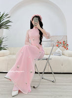 SALLY Pink double layers modern ao dai set with embroidery daisy flowers
