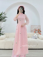 SALLY Pink double layers modern ao dai set with embroidery daisy flowers