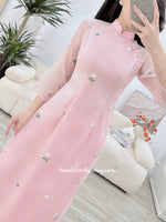 SALLY Pink double layers modern ao dai set with embroidery daisy flowers