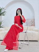 JOLENE Double layers modern Red ao dai with embroidery pattern