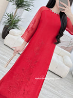 JOLENE Double layers modern Red ao dai with embroidery pattern