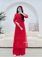 JOLENE Double layers modern Red ao dai with embroidery pattern