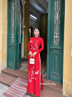 LUCKY Red hand beading ao dai with crystals