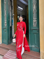 LUCKY Red hand beading ao dai with crystals