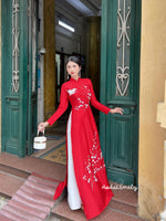 LUCKY Red hand beading ao dai with crystals