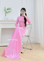 CLARA Pre made traditional Pink ao dai with crystals collar