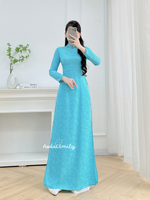 DOVIE blue Pre made ao dai Vietnam with hand beading crystals collar