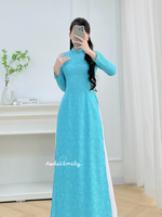 DOVIE blue Pre made ao dai Vietnam with hand beading crystals collar