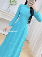 DOVIE blue Pre made ao dai Vietnam with hand beading crystals collar