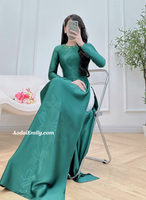 NATALIA Dark Green ao dai with simple crystals rhinestones