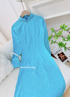 DOVIE blue Pre made ao dai Vietnam with hand beading crystals collar