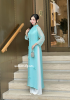 MARYAM Blue Cutie bows with pearls modern ao dai