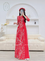 SEVYN Ao Dai Vải tơ xước hoa đào 3D