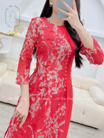SEVYN Ao Dai Vải tơ xước hoa đào 3D