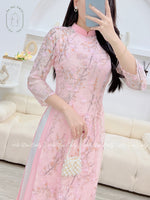 MERLYN Ao Dai Vải tơ hoa đào 3D