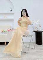 ARIA Double layers Nude modern ao dai set with pearls and crystals