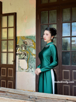 ESTELLA Dark Green ao dai with designed crystals collar