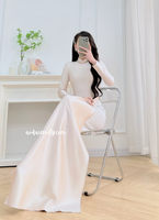 LAINEY Beige Neutral traditional ao dai with simple beading collar