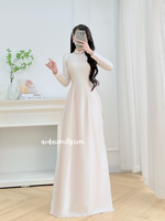LAINEY Beige Neutral traditional ao dai with simple beading collar