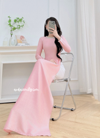 RUBY Pink Ao dai with hand beading crystals collar
