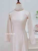 LAINEY Beige Neutral traditional ao dai with simple beading collar