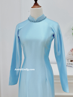 BLUE SKY Plain Baby blue ao dai with crystals collar