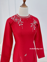 WINTER Red hand beading ao dai with crystals