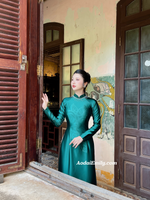 ESTELLA Dark Green ao dai with designed crystals collar