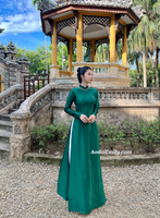 ESTELLA Dark Green ao dai with designed crystals collar