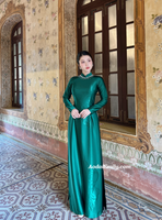 ESTELLA Dark Green ao dai with designed crystals collar