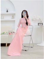 HAPPY Plain Pink ao dai with pearls