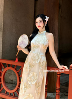 GRACELYN Cream/ Gold double layers sleeveless modern ao dai with roses