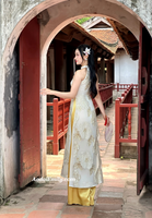 GRACELYN Cream/ Gold double layers sleeveless modern ao dai with roses