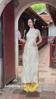 GRACELYN Cream/ Gold double layers sleeveless modern ao dai with roses