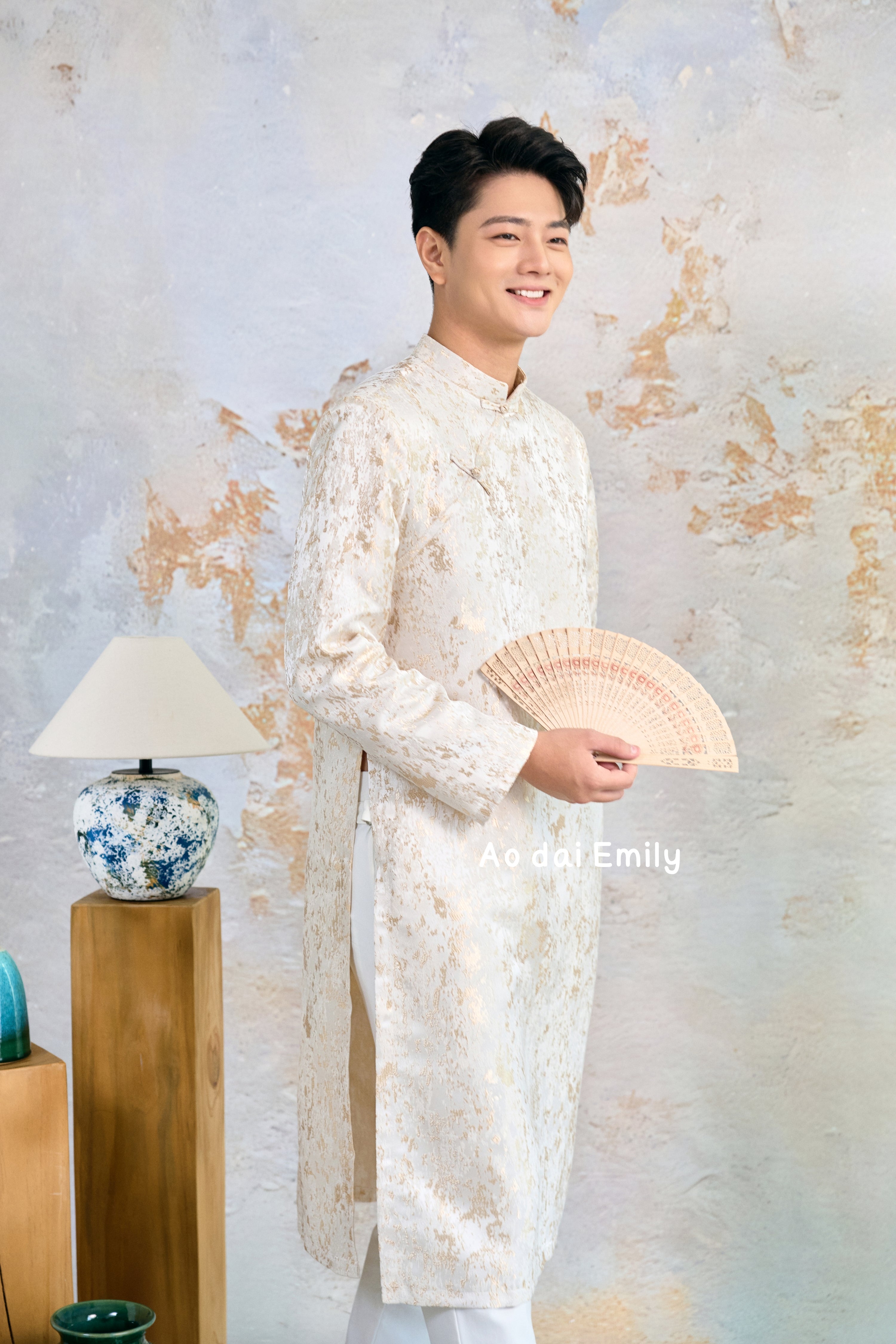 Beige/Gold Ao dai for men| Akita