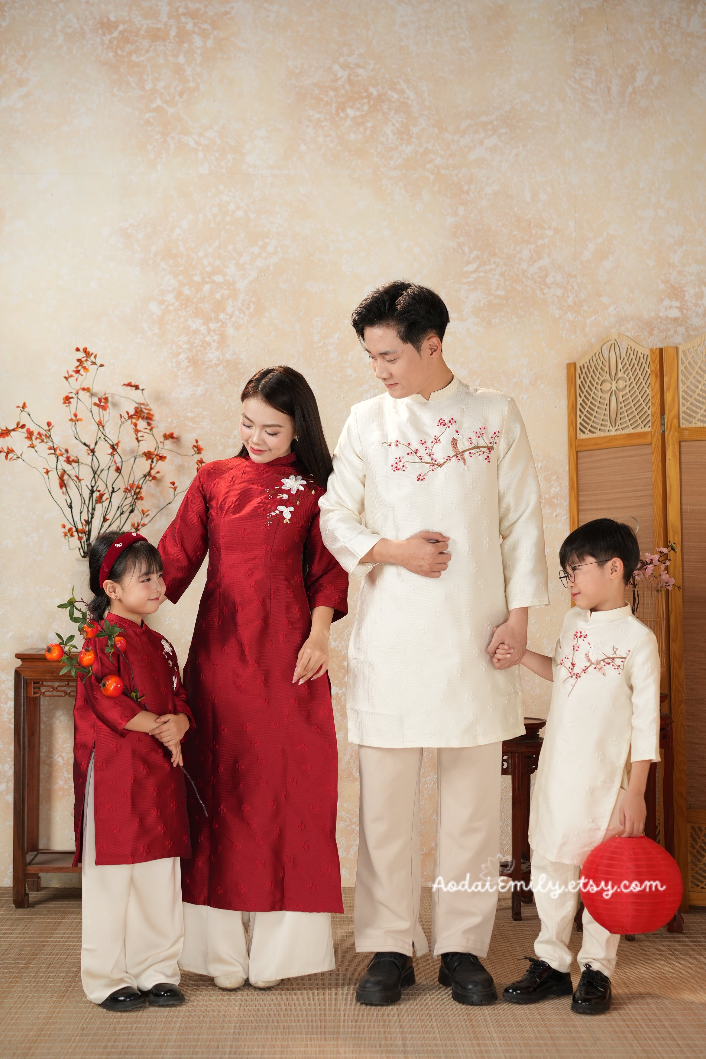 Cream/ Red Ribbon Embroidery Matching Family