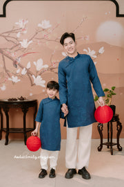 Dark Blue Embroidery Matching Dad and baby Boy