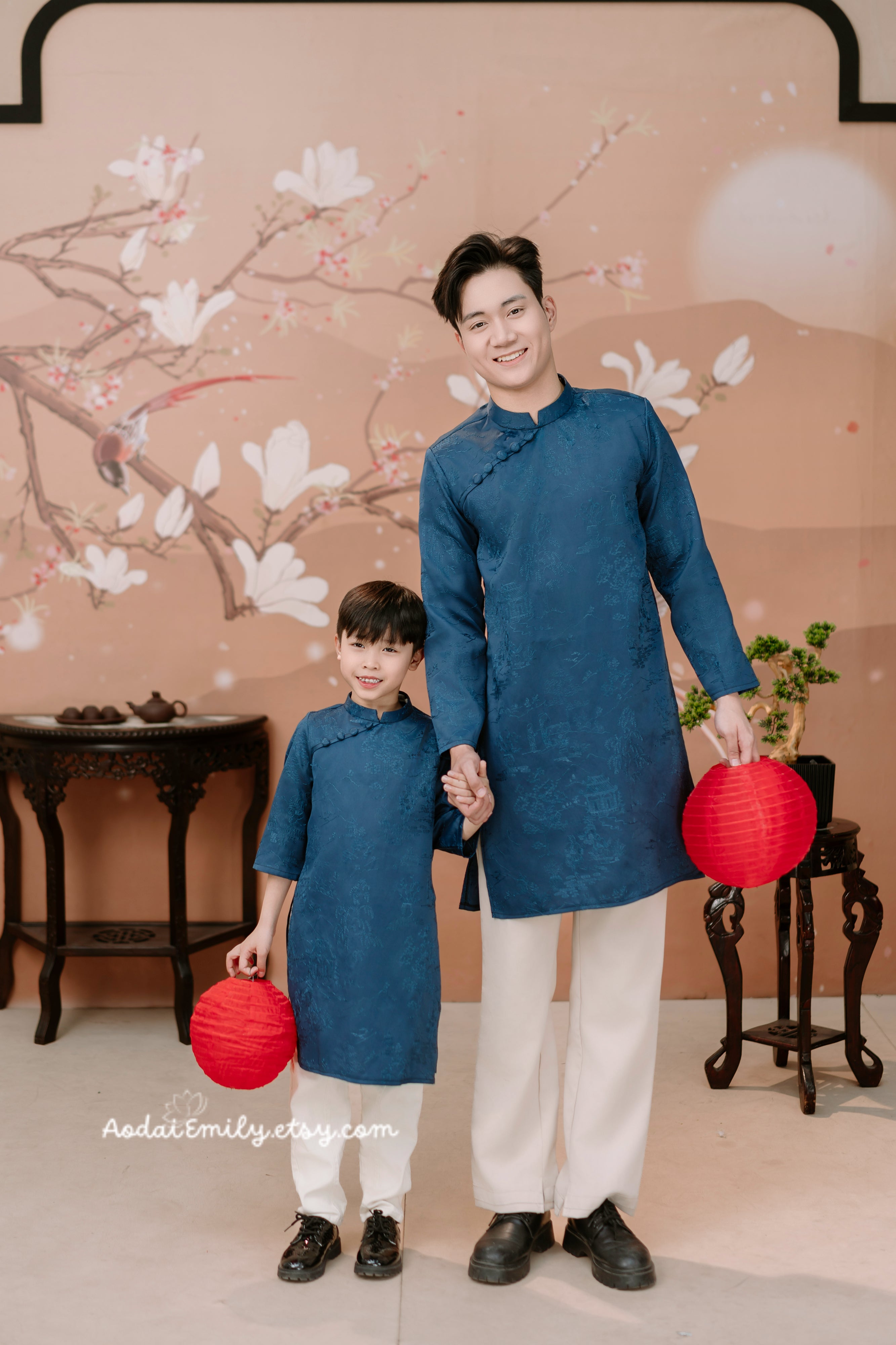 Dark Blue Embroidery Matching Dad and baby Boy