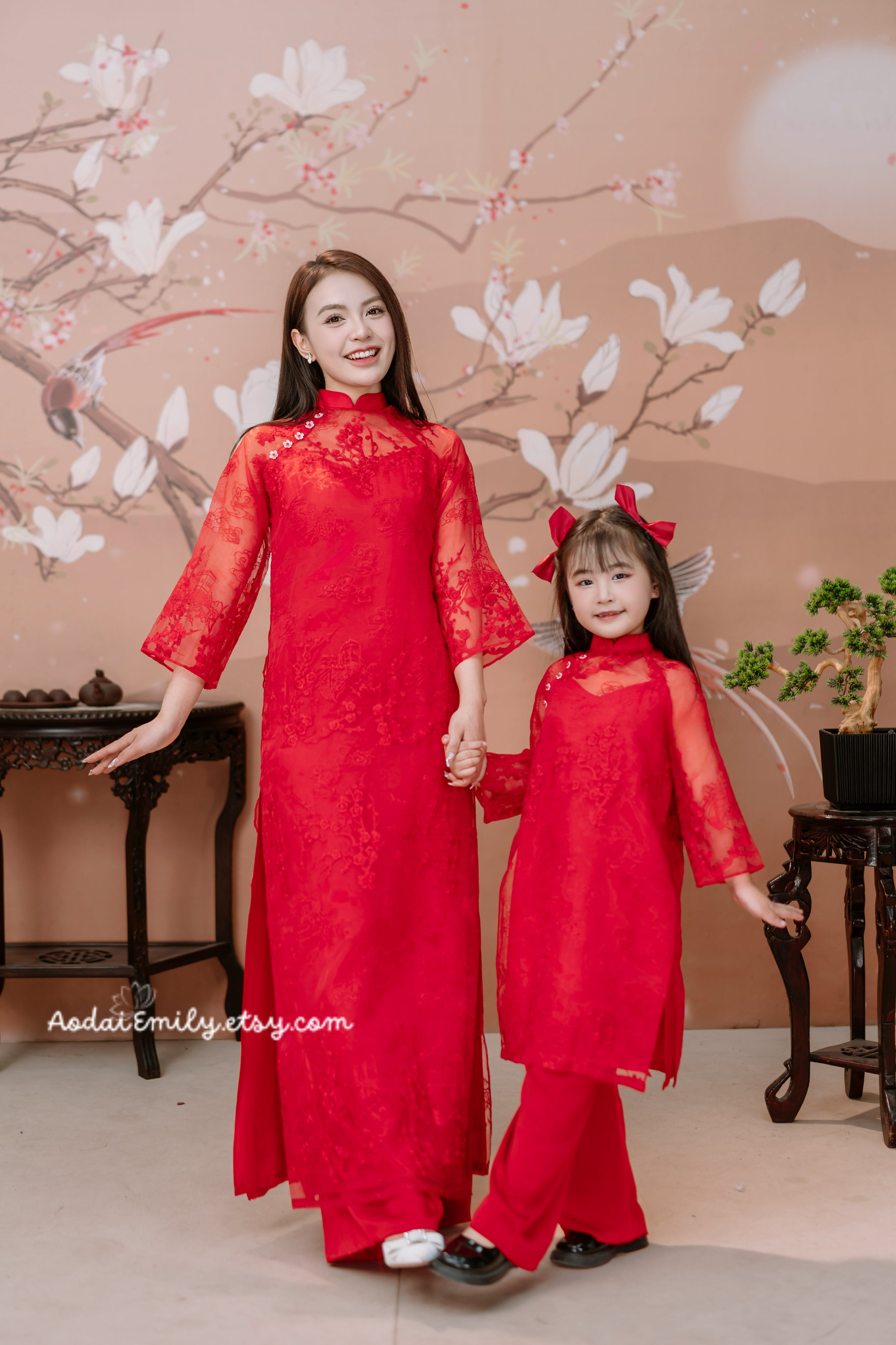 Red Embroidery Matching Mom and Baby girl