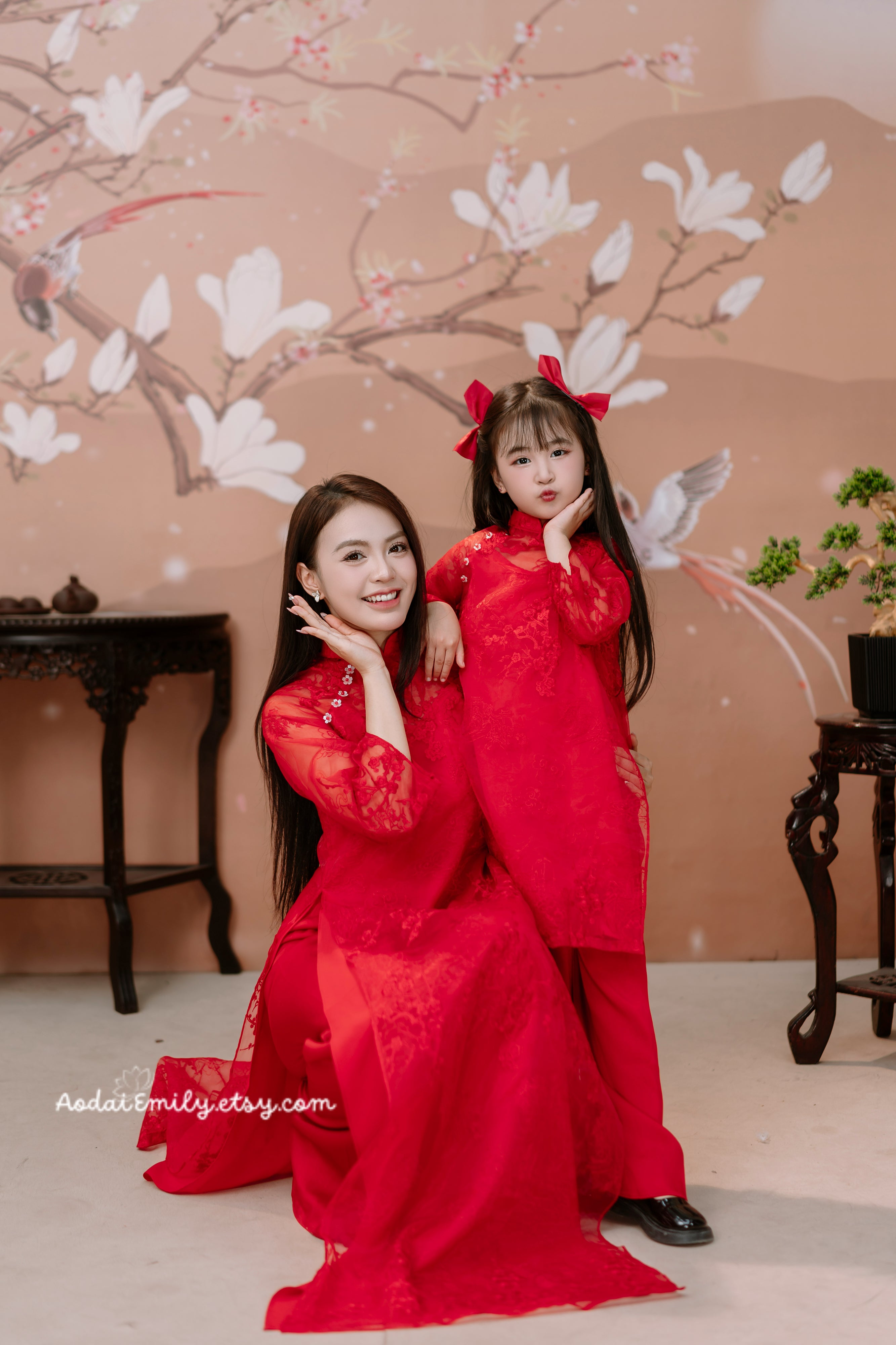 Red Embroidery Matching Mom and Baby girl