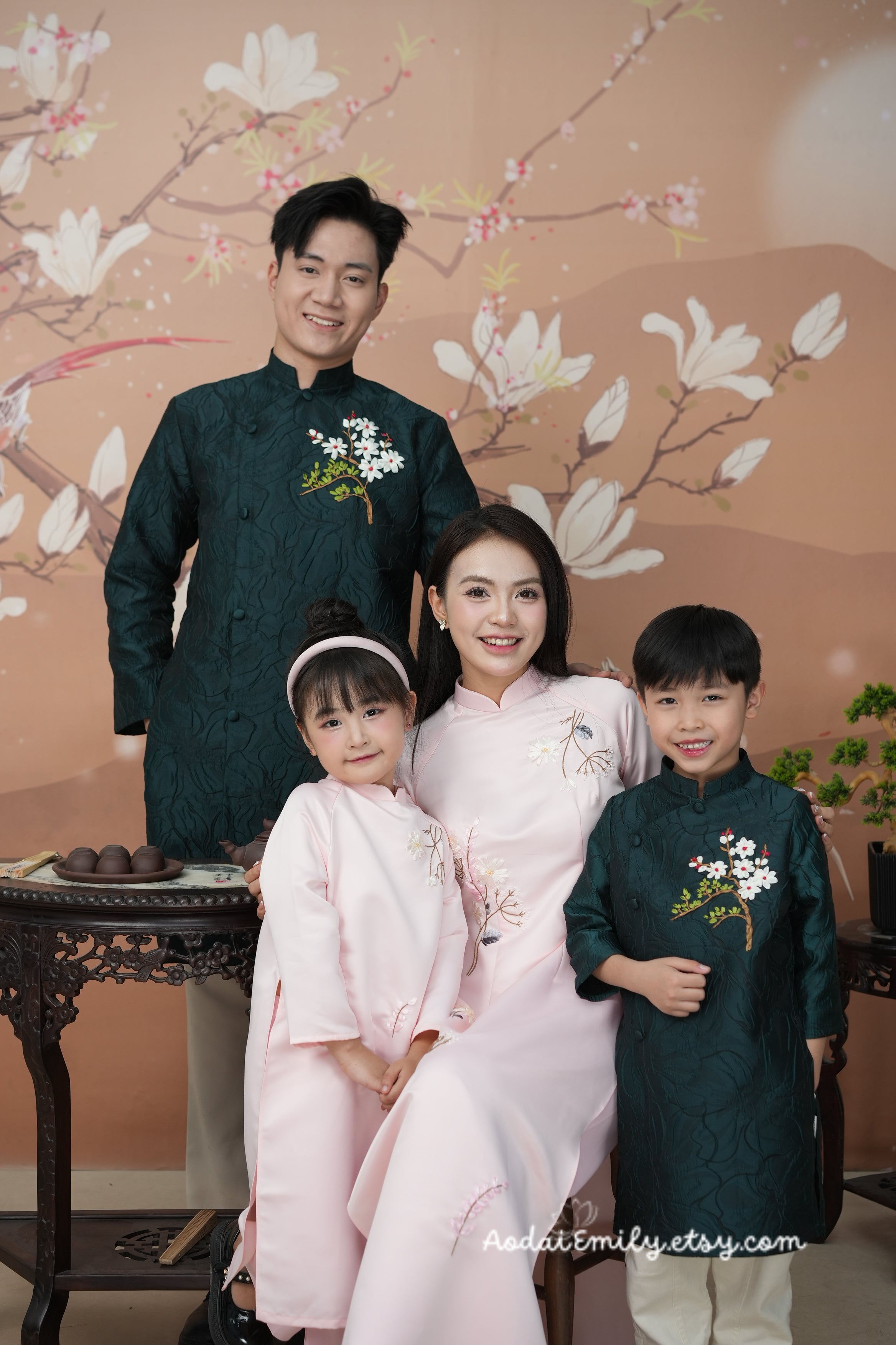 Dark Green/ Pink Ribbon Embroidery Matching Family