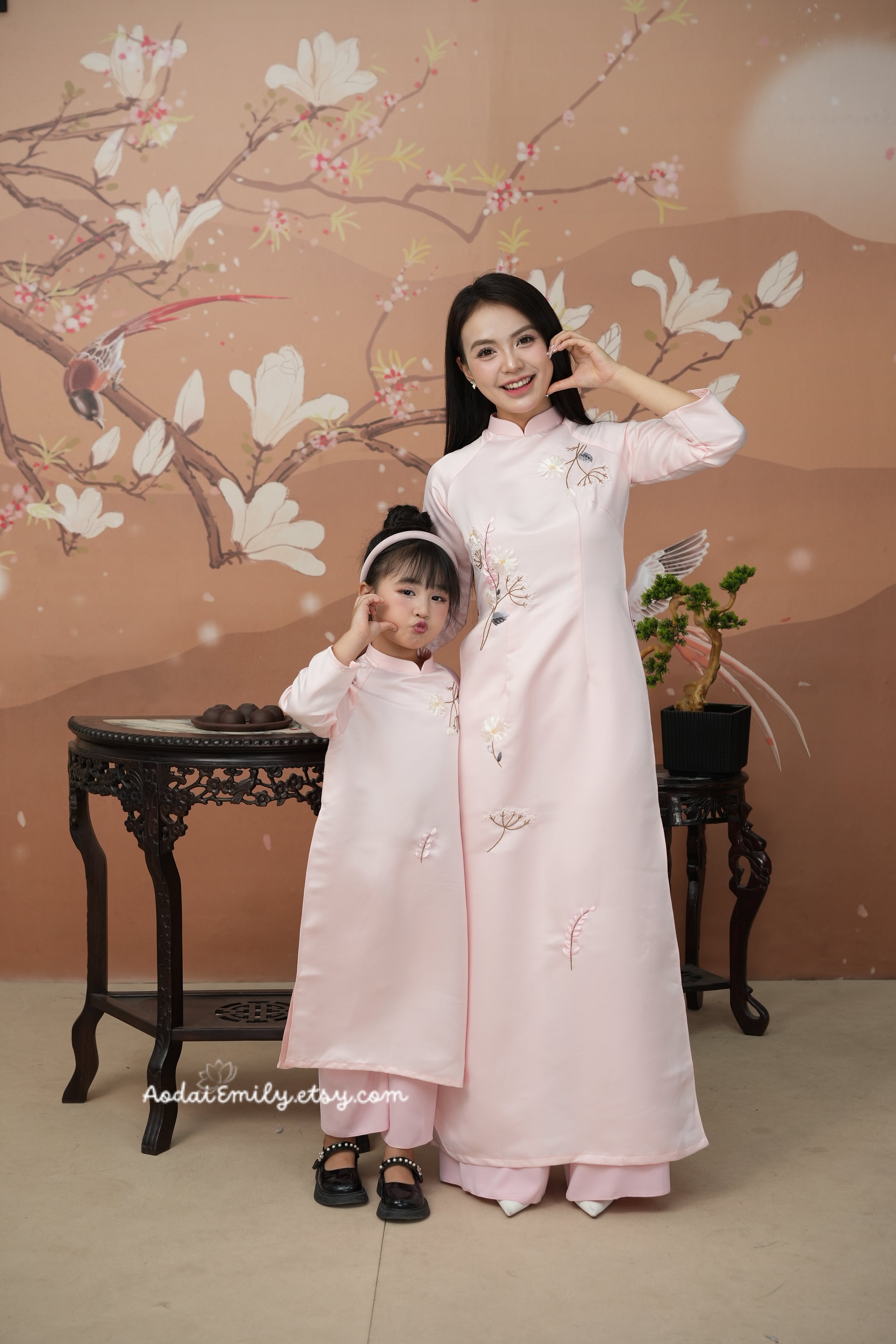 Dark Green/ Pink Ribbon Embroidery Matching Family