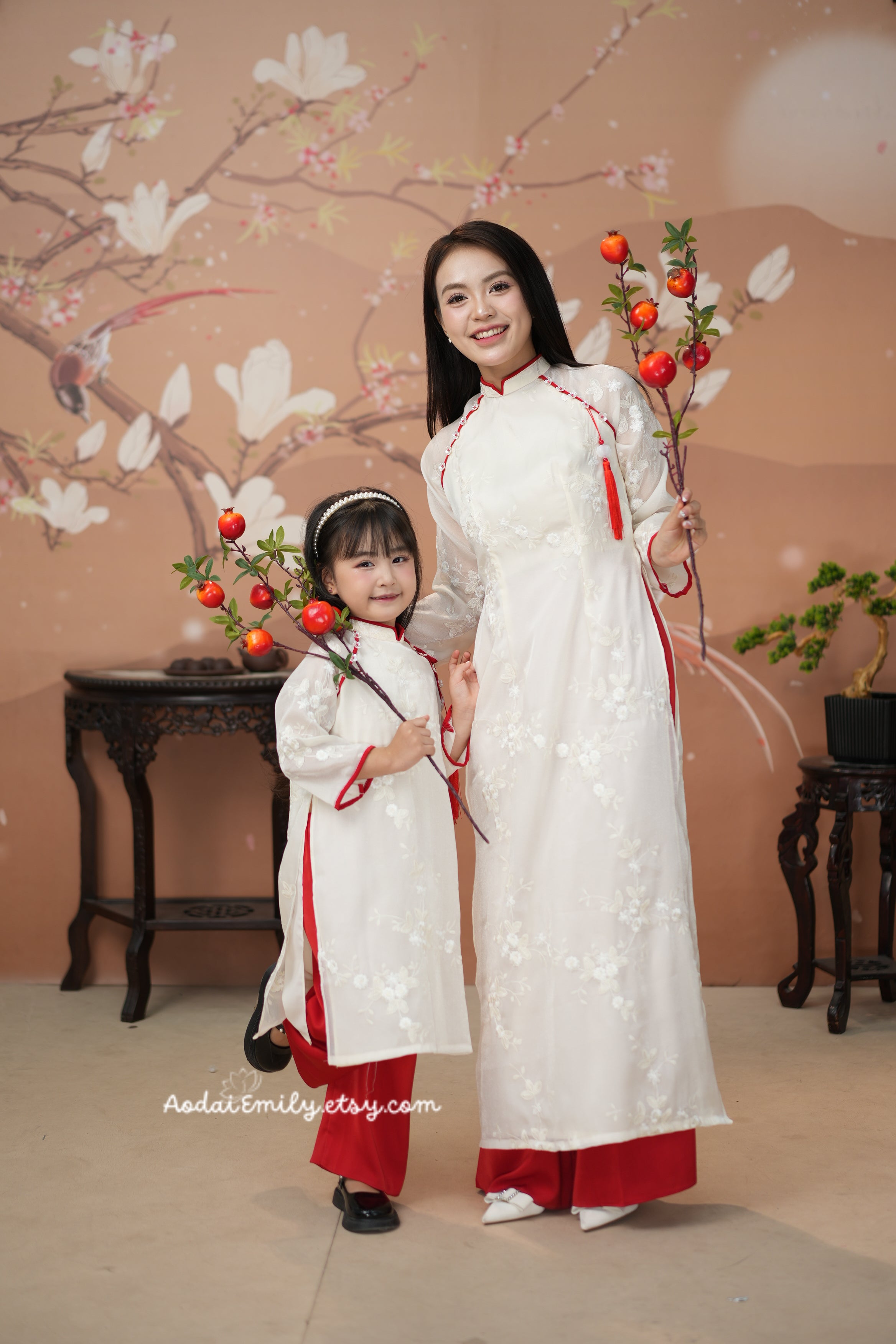 Cream/ Red Matching Mom and baby Girl