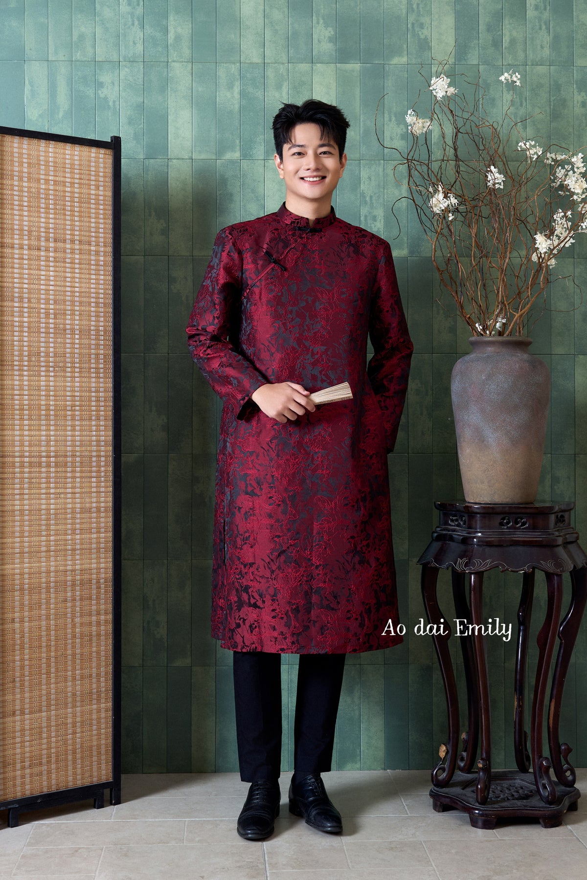 Burgundy/ Black Ao dai for men| Barred owl